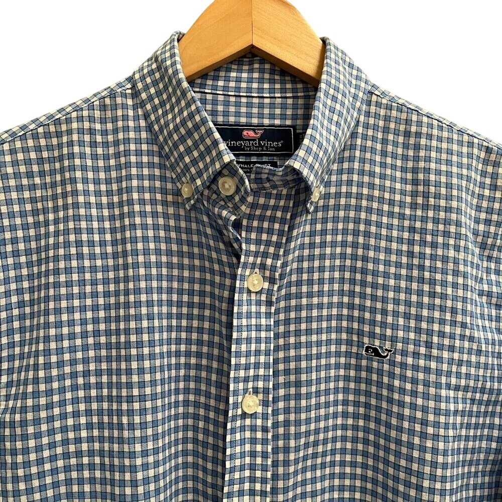 Vineyard Vines Boy's Whale Shirt Blue Gingham Cotton Button Down XL 18